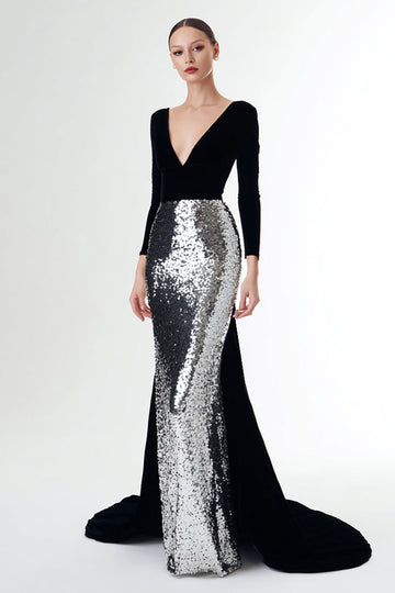 Black and Silver Velvet Sheath Long Sleeves Formal Dress With Sequins
